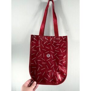 Lululemon Small Reusable Tote Bag Dark Red Logo Print Snap Closure Gym Shopper